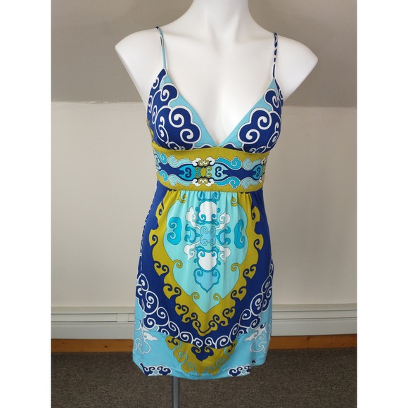 Trina Turk Dresses & Skirts - Trina Turk 100% Silk Dress Blue Green Psychedelic Print Empire Waist Size 2 Sexy